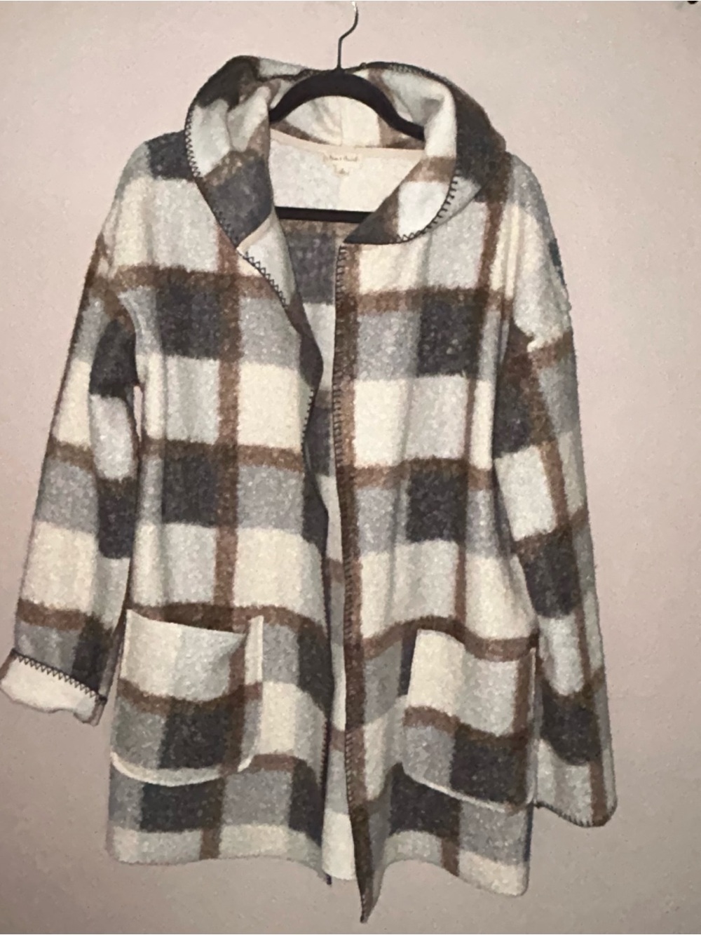 Hem & Thread Cream, Gray & Brown Plaid Hooded plaid Coatigan